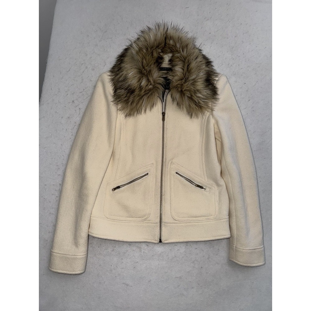 Lauren Ralph Lauren Vintage Wool Faux Fur Collar Zip Up Jacket Cream Size 4